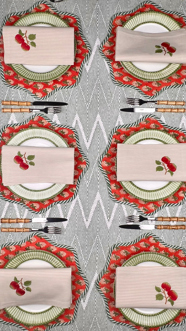 ’The Two Red Apples’ Napkin & Placemat - Taupe & Ecru Stripe