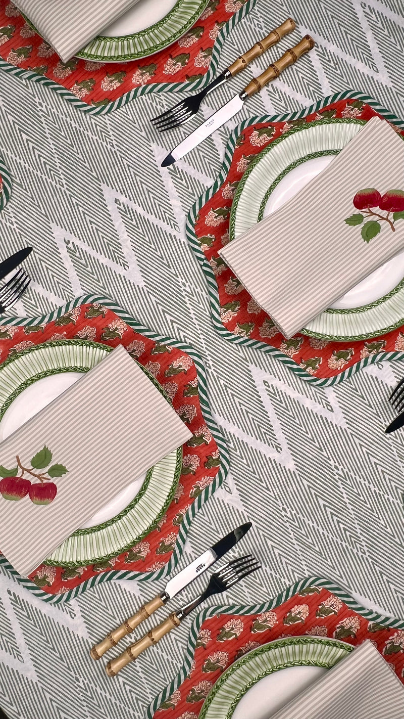 ’The Two Red Apples’ Napkin Only - Taupe & Ecru Stripe