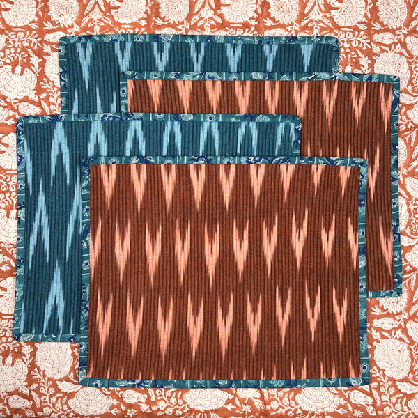 Gift Set: 4 x Blue & Rusty Brown Ikat Breakfast Placemats