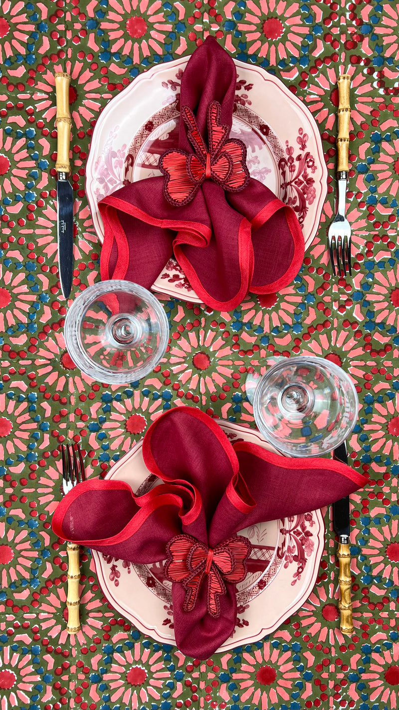 ‘The Kaleidoscope’ Tablecloth - Moss, Red, Pink, Blue