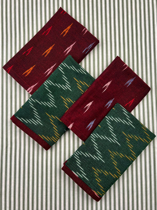 Reversible Napkin (Set of Four) Burgundy & Green Ikat