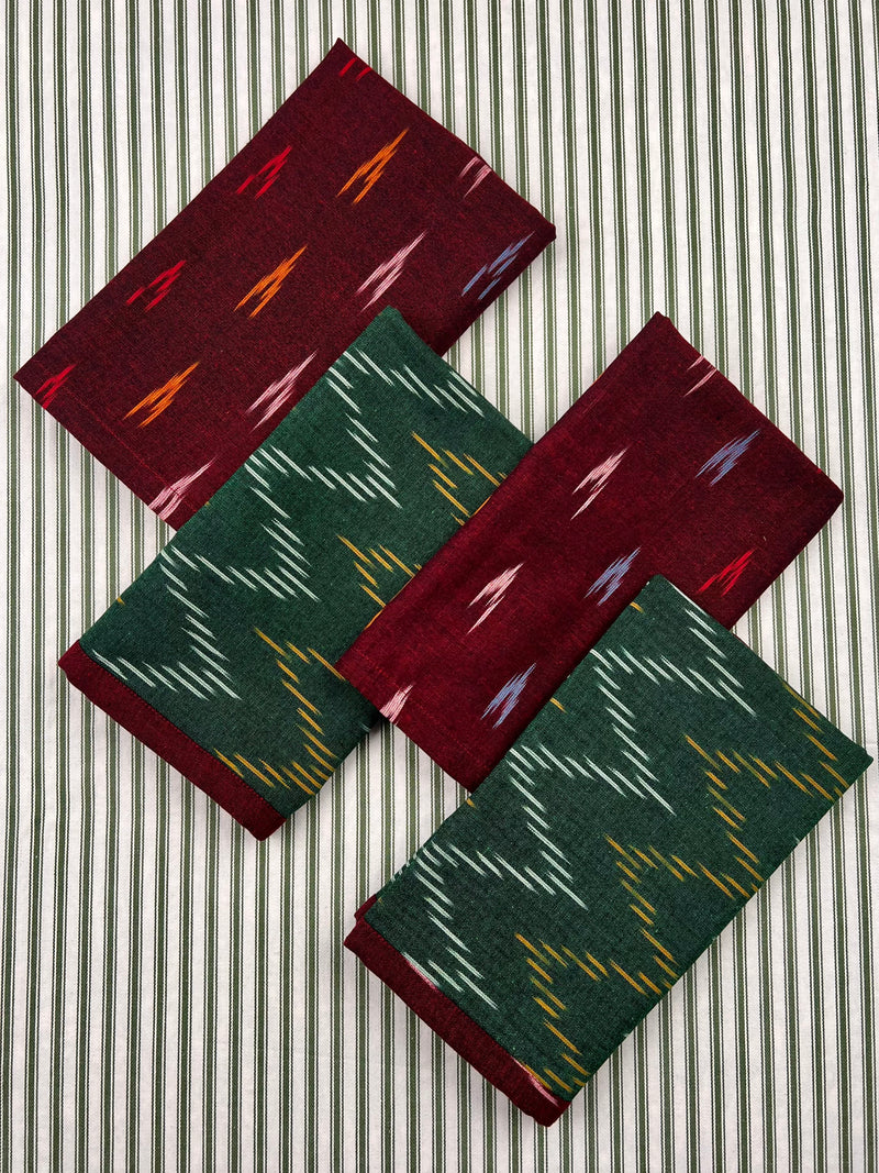 Reversible Napkin (Set of Four) Burgundy & Green Ikat