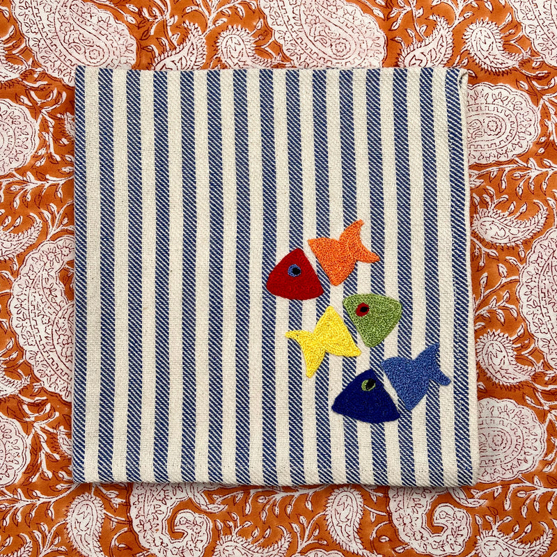 Gift Set: Four Fish Embroidery Napkins (blue stripe)