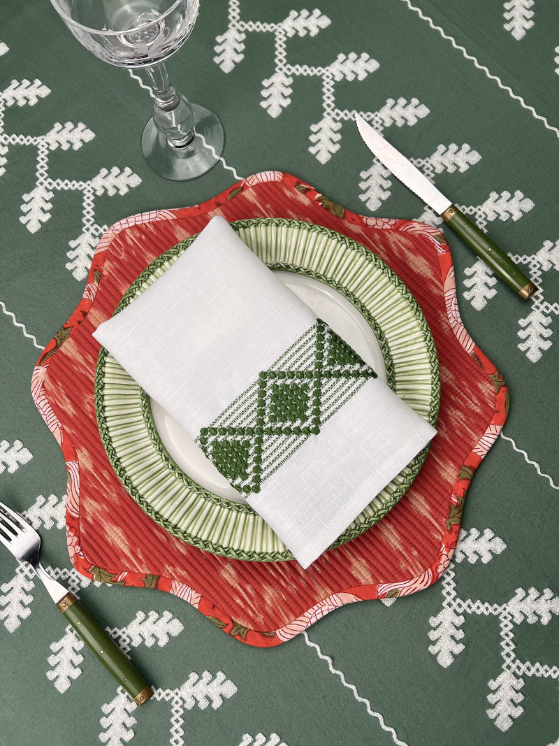 Table Set: Red Ikat Scallop & Green Diamond Napkin Table Setting