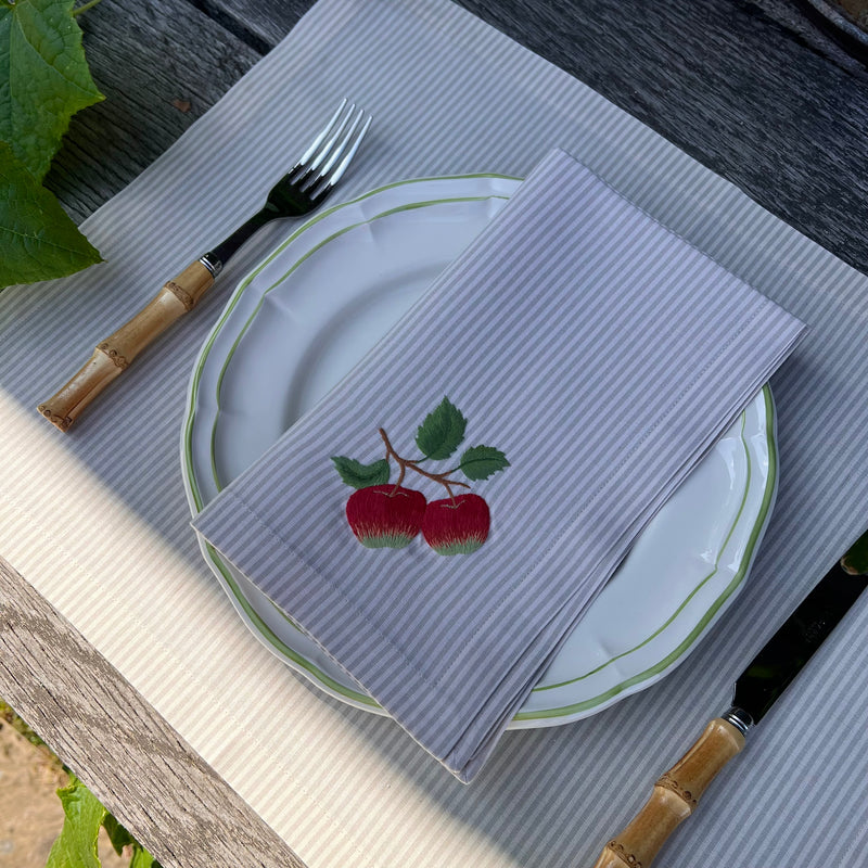 ’The Two Red Apples’ Napkin & Placemat - Taupe & Ecru Stripe