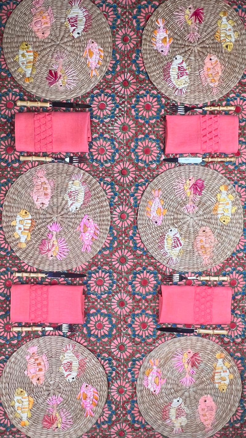‘The Kaleidoscope’ Tablecloth - Moss, Red, Pink, Blue