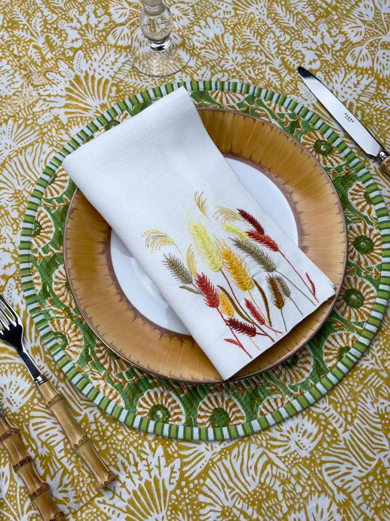 Gift Set: 4 round Breakfast placemats in mustards & greens