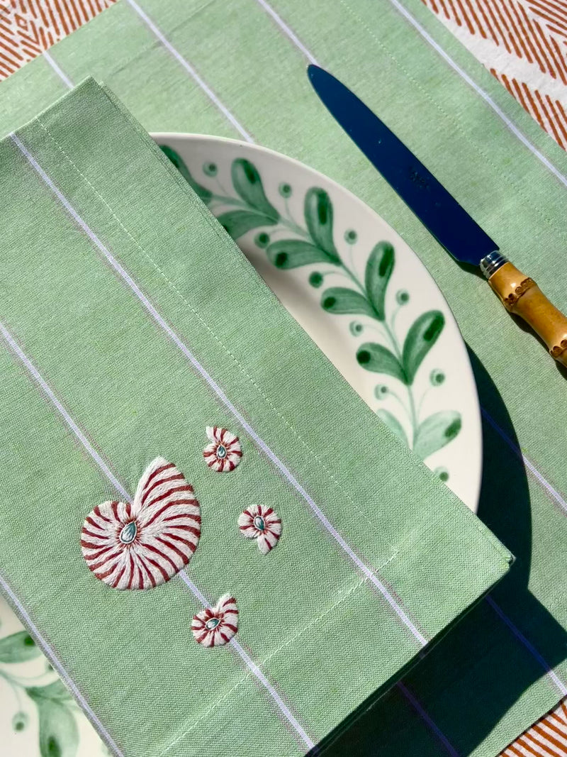 ’The Nautilus Shell’ Napkin & Placemat - Apple Green Stripe